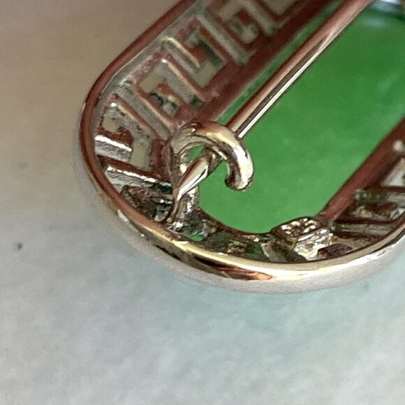 Sterling Silver 925 Oval Green Stone Greek Key Cut Out Brooch - Picture 6 of 16
